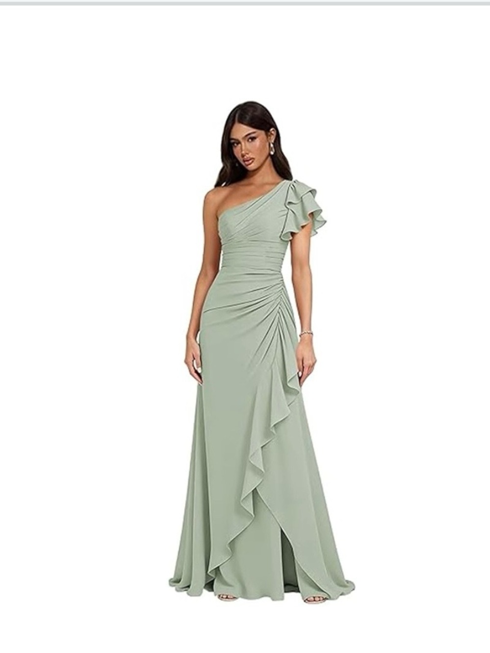One-Shoulder Sage Green Ruffle Evening Gown